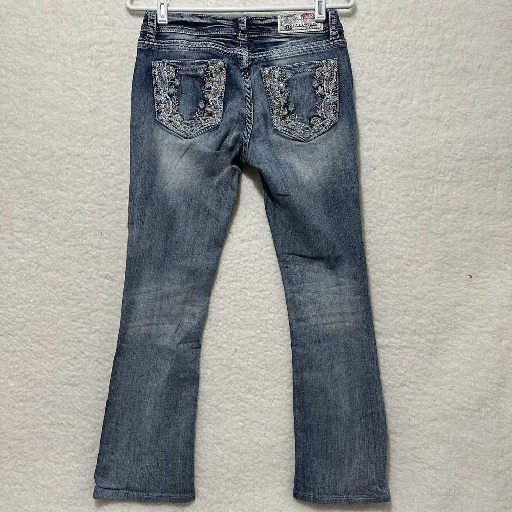 Grace In LA Boot Cut Embellished Embroidered Blue Light Wash‎ Faded Jeans Sz 28
